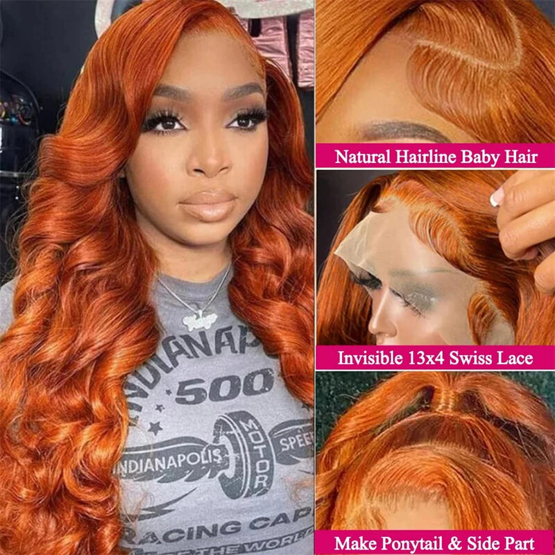 Peluca de cabello humano con encaje Frontal para mujer, color naranja jengibre, onda corporal 13x6 HD, resaltado de color 13x4, encaje Frontal transparente, a la venta