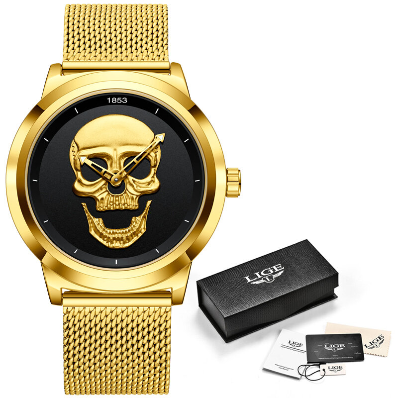 LIGE-Relógio de quartzo impermeável masculino, aço inoxidável, ouro, preto, crânio, criativo, relógio de pulso, esportes, marca de topo, luxo