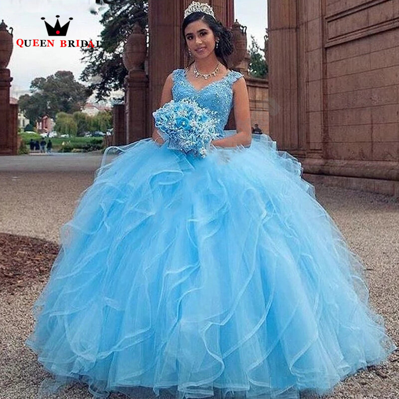 Formal Sky Blue Quinceanera Vestidos, Vestidos de princesa sem mangas, Appliques Beads, Plissado para 15 Meninas, vestido de baile, Custom Made, LJ65M