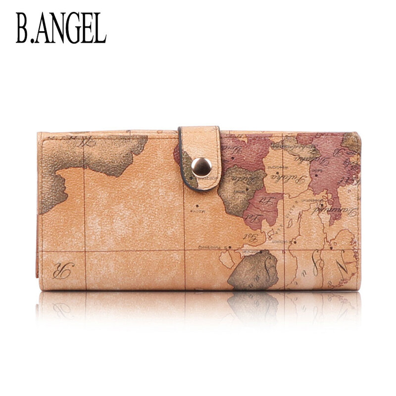 Cartera Vintage con mapa del mundo para mujer, monedero de cuero con cremallera larga, tarjetero de crédito, embrague