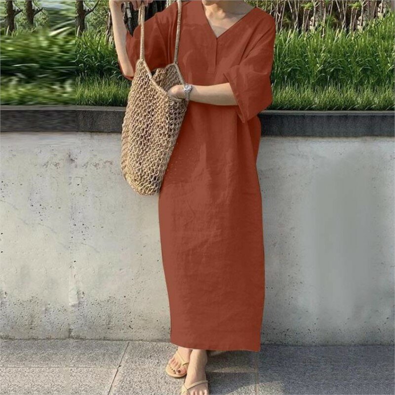 فستان نسائي طويل أنيق برقبة V ، فستان صيفي للعطلات ، أكمام قصيرة ، أحادي اللون ، كاجوال ، مجموعة 2024