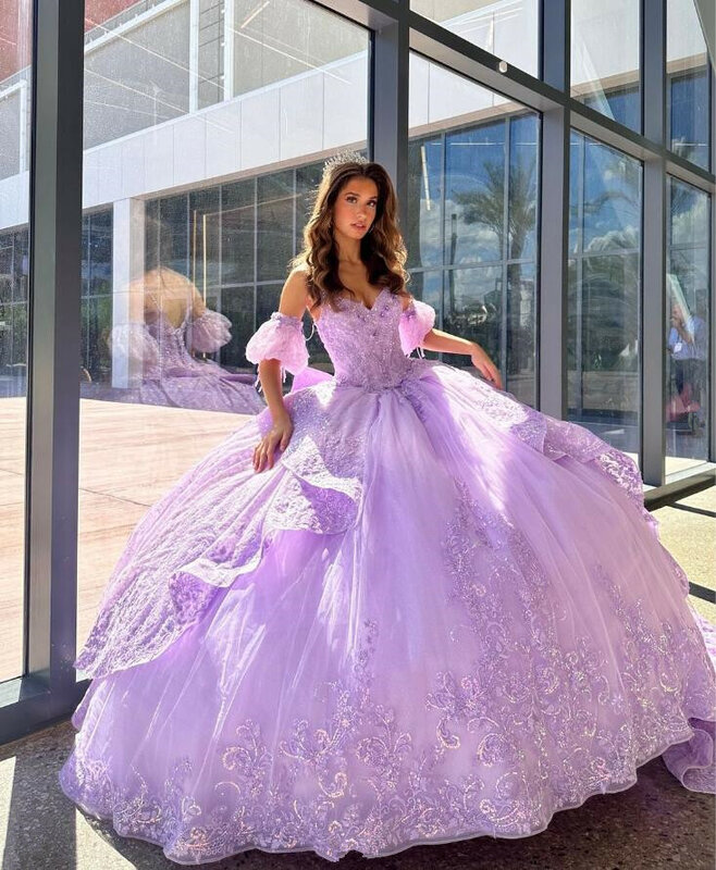 Lilás Purple Princess Fairy Quinceanera Vestidos com mangas, Vestido Applique de luxo, 15 anos, 2024