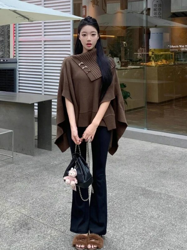 Asymmetric Sweaters Women Pure Cape Personality Chic Popular Baggy Korean Style Aesthetic Slouchy Retro Strapless Temperament