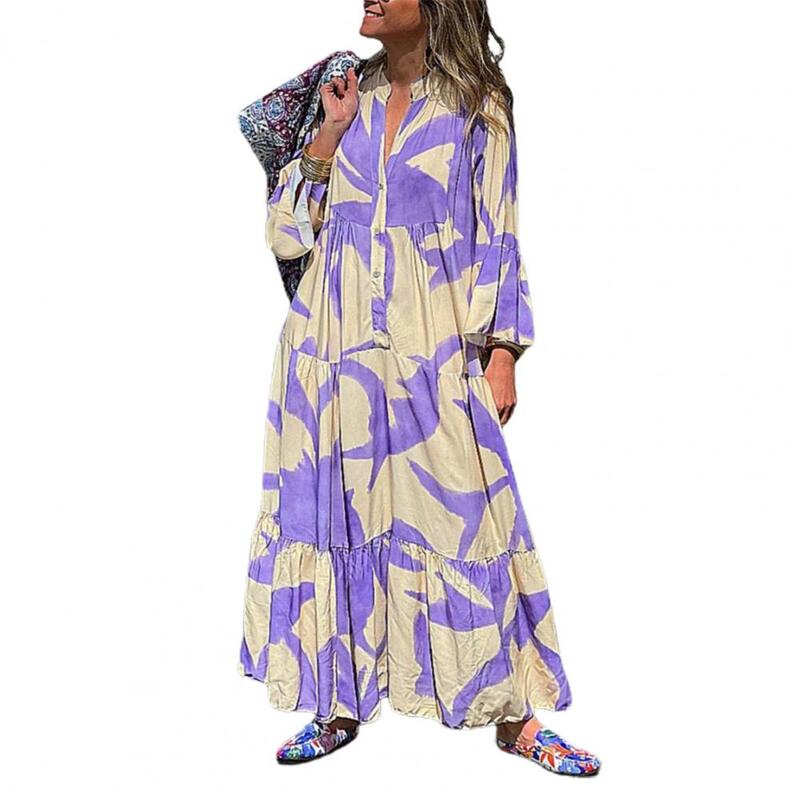 Robe de vacances de style bohème pour femmes, maxi avec document, imprimé assressenti, plissé, patchwork, été, trapèze, col en V
