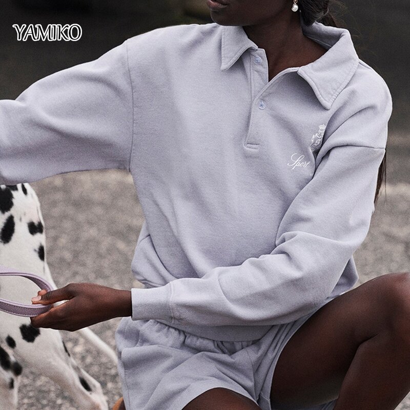YAMIKO-Sudadera de lana de manga larga para mujer, Jersey informal con Cuello de camisa con letras estampadas, color morado, para primavera y otoño, 2024