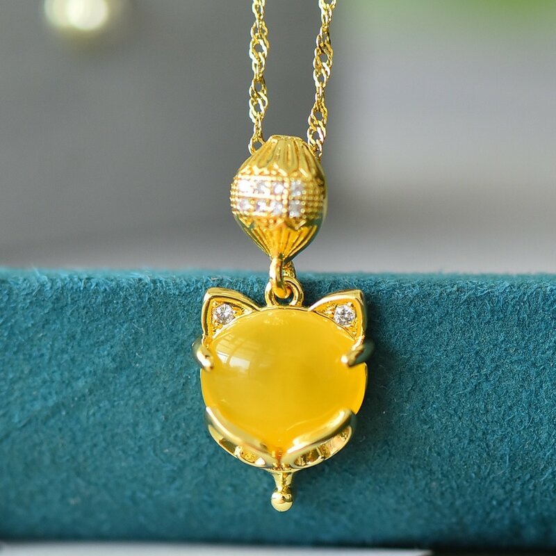 Natural Amber Fox Necklace Women Women Fine Jewelry Accessories Genuine Healing Gemstones Baltic Amber Fox Head Pendant Necklace