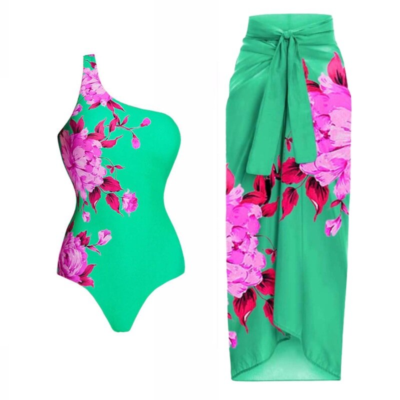 New Women Geometry Print Swimwear Butterfly Shape Biniki Swimsuit Cover Up Lower Print Split Swimsuit and Wrap Skirt Set