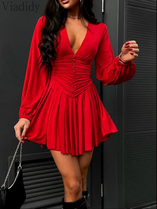 Women Sexy Solid Color Deep V Neck Plunge Ruched Button Design Lantern Sleeve Dress