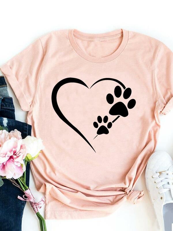 Camiseta con estampado de pata de corazón para mujer, con estampado de perro y gato Camiseta básica de los 90, camiseta de manga corta para mujer