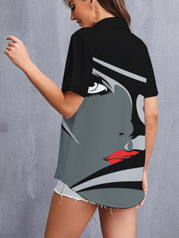 여성용 라펠 반팔 셔츠, 다목적 3D 디지털 프린트 셔츠, 스포츠 루즈 탑, 심플하고 개인화 된 여름 거리