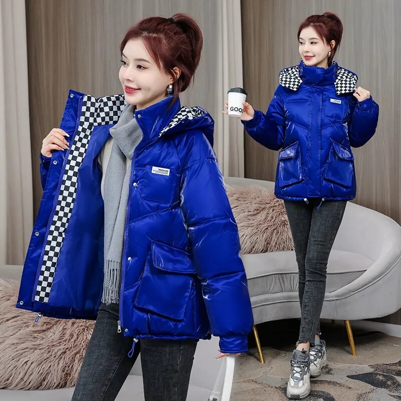 女性のための光沢のある綿のコート,カジュアルなパーカー,厚い綿のパッド入りコート,暖かい雪の服,冬のアウター