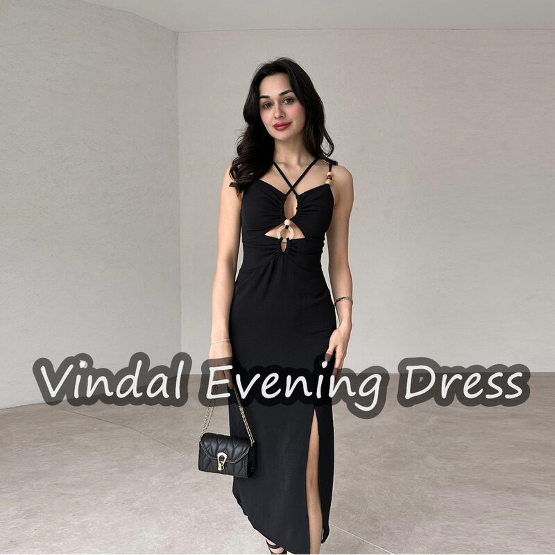 Vindal Ruffle Spaghetti Tea Length Evening Dress Mermaid Chiffon Sleeveless Elegant Built-in Bra Saudi Arabia For Woman 2024
