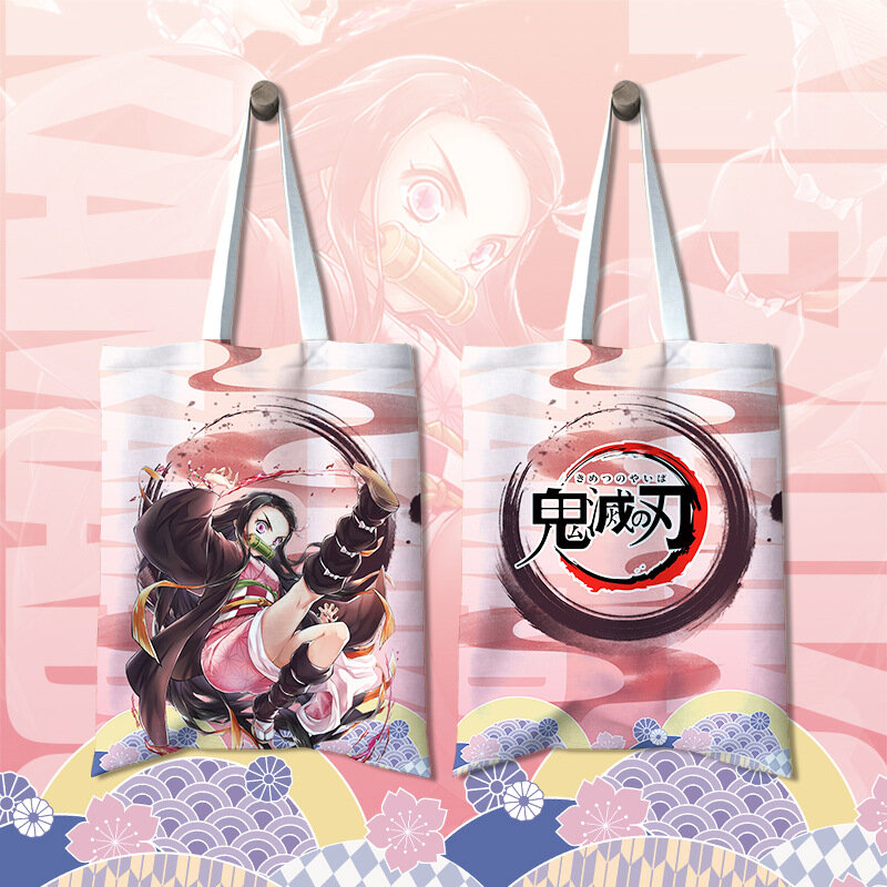 Tas Tote kanvas motif Anime Demon Killer tas belanja gambar kartun Nezuko Kocho Shinobu Tomioka Giyuu dengan motif ganda