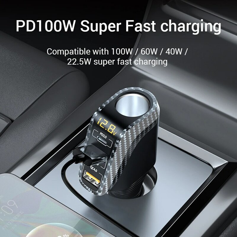 4 In 1 100W Car Charger QC4.0 PD Fast ชาร์จบุหรี่ขนาด12V 24V USB Car Charger สำหรับ iPhone 14 Huawei