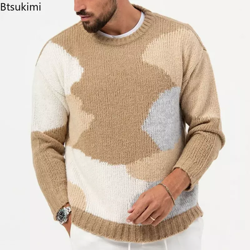 2024 Knitted Print Light Luxury Pullovers Sweater Men Casual Vintage O Neck Loose Long Sleeve Knitted Tops Men Streetwear Autumn