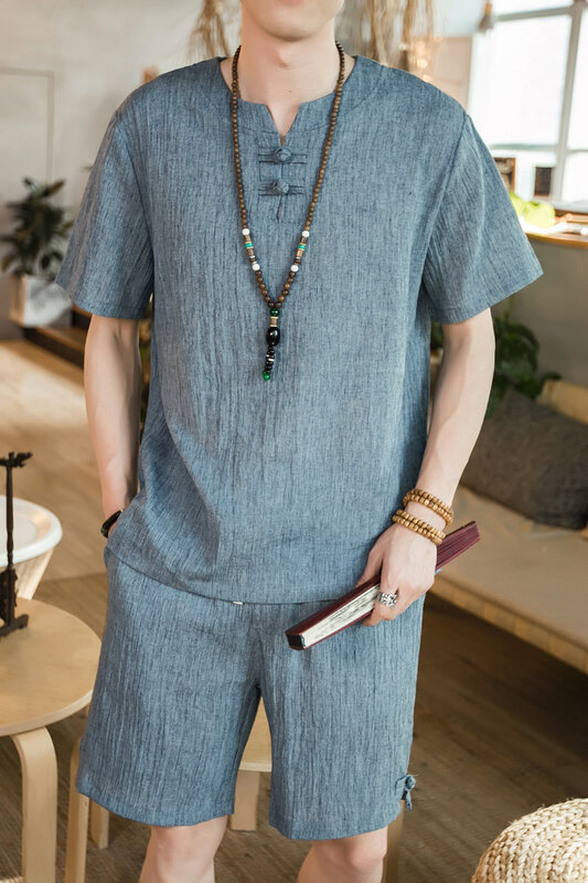 2024 męskie luźne spodnie na co dzień męskie zestawy letnie w stylu chińskim bawełniana lniana koszula z krótkim rękawem + spodenki męski dwuczęściowy garnitur