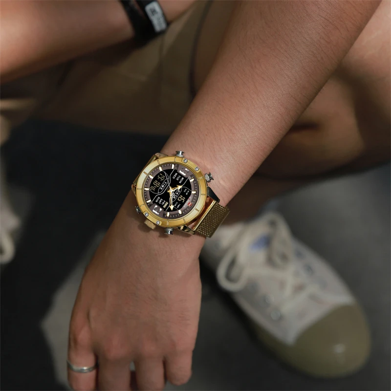 NAVIFORCE mężczyźni oglądać Top luksusowa marka człowiek wojskowy Sport zegarki kwarcowe ze stali nierdzewnej LED cyfrowy zegar Relogio Masculino
