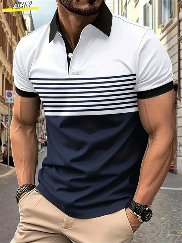 Kaus POLO kerah lapel kasual pria, kaus olahraga bergaris-garis lengan pendek modis kasual pria musim panas