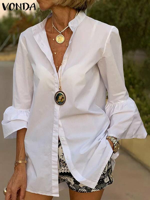 VONDA – chemise blanche à manches évasées pour femme, haut Sexy à col en V, boutonné, de bureau, couleur unie, printemps, 2022