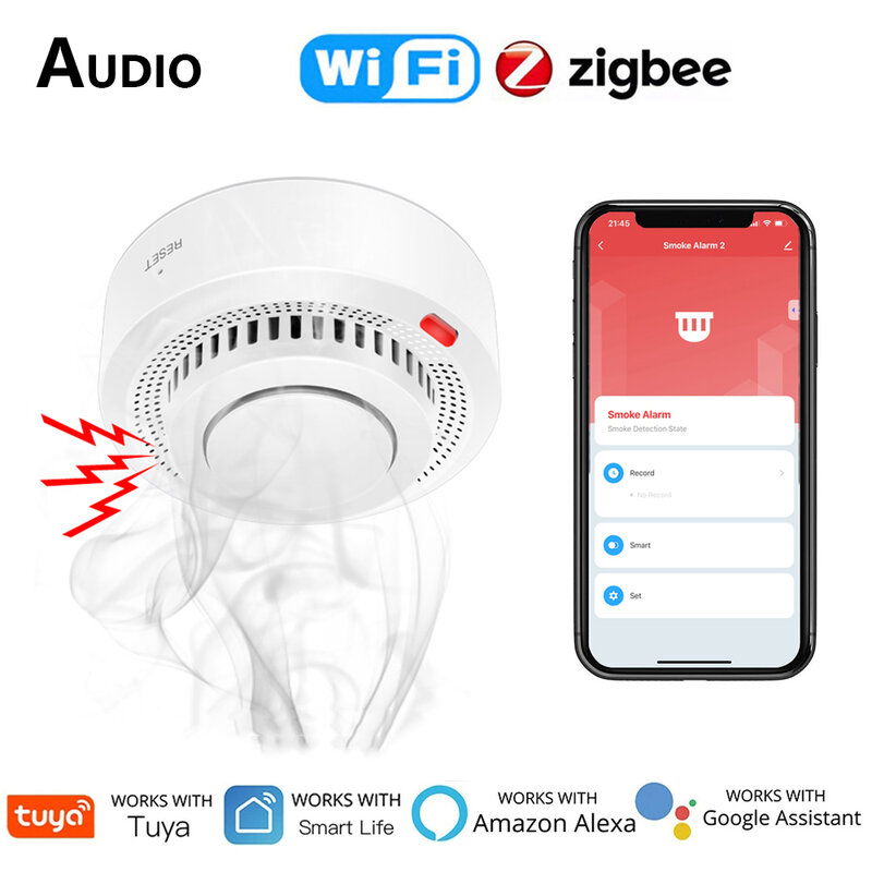 Tuya Smart Zigbee WiFi Smoke Detector Smart Fire Alarm Sensor Home Security Fire Protection System Smart Life Works Gateway Hub