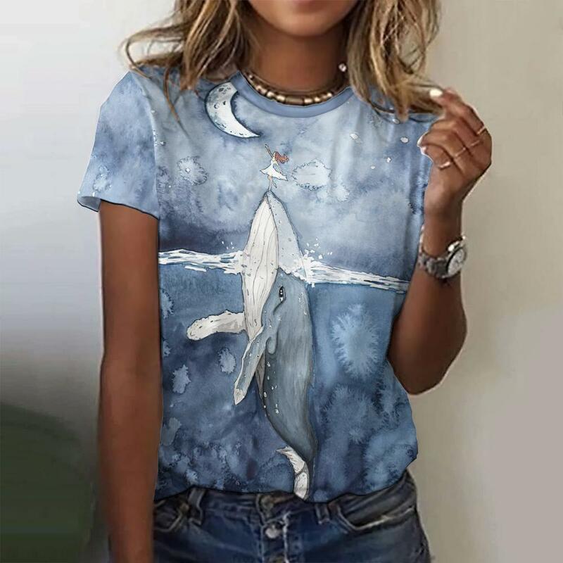 T-shirt wanita gambar hewan laut Pullover kasual longgar musim panas 2024 Kaos Oblong kebesaran lengan pendek pakaian wanita mode