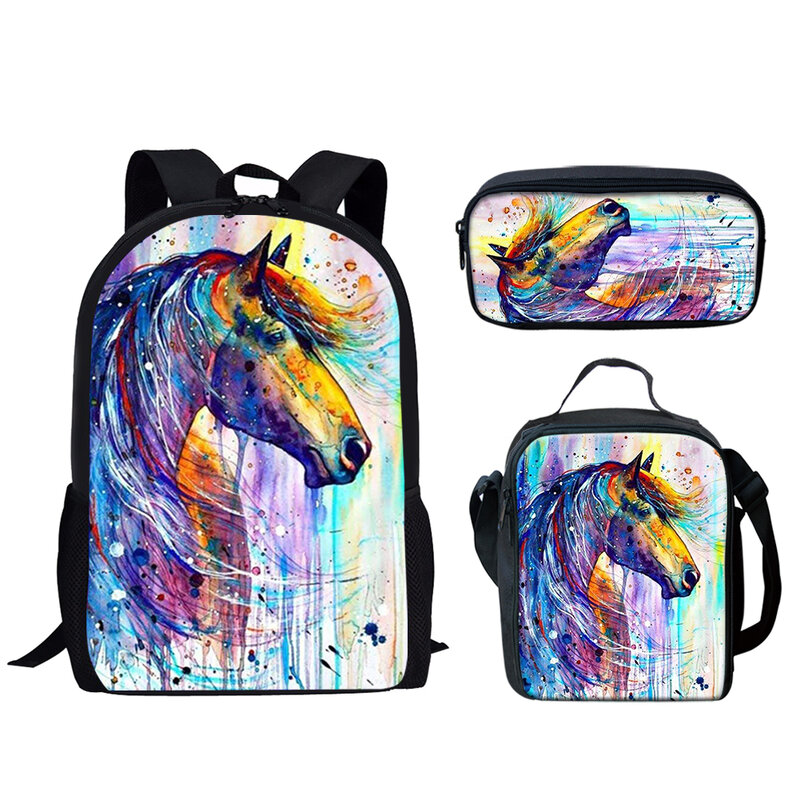 Belidome 3 zestaw torby szkolne dla nastoletnich chłopców dziewcząt nadruk z koniem dorywczo lekki plecak dla uczeń szkoły podstawowej powrót do szkoły Bookbag