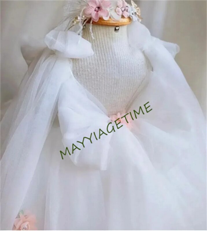 White Flower Girl Dresses For Wedding Kids 3D Flowers Party Girls Pageant Dresses Appliqued Birthday Gown Kid Photoshoot