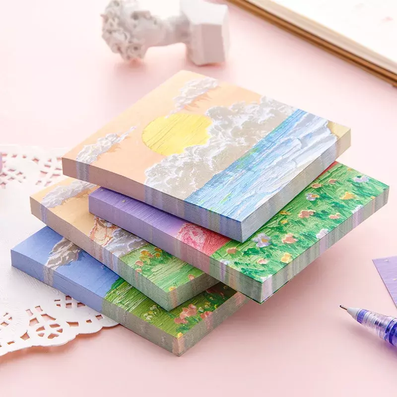 80 Sheets Oil Painting Scenery Sticky Notes Students Aesthetic Memo Pad To Do List Notepads School Supplies Cute Stationery