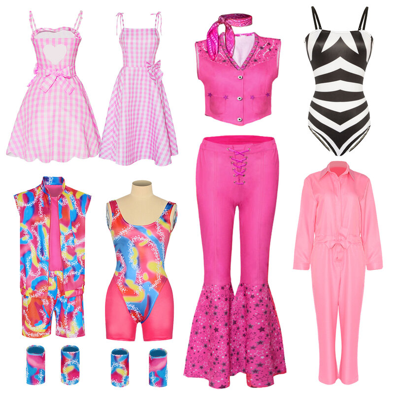 Halloween Robbie Frauen Barbi Cosplay Kostüm Geburtstags feier 50er Jahre Vintage Badeanzug Sport bekleidung Set Teen Mädchen rosa Plaid Kleid