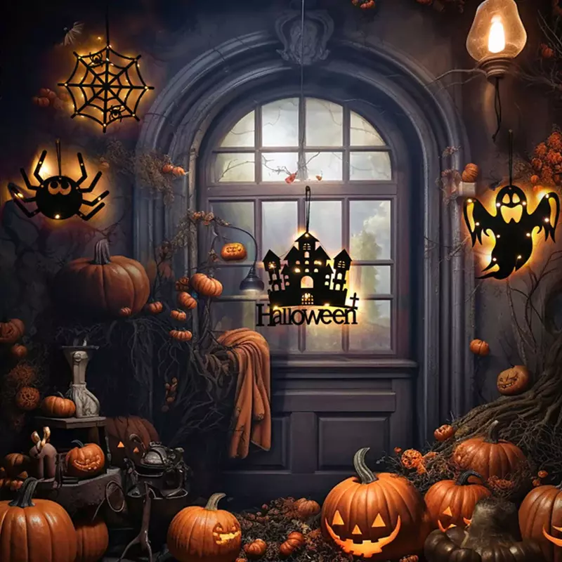 Plakat gantung Halloween lucu, Kastil, jaring laba-laba hantu penyihir, ornamen bercahaya, dekorasi pesta horor, liontin gantung Halloween