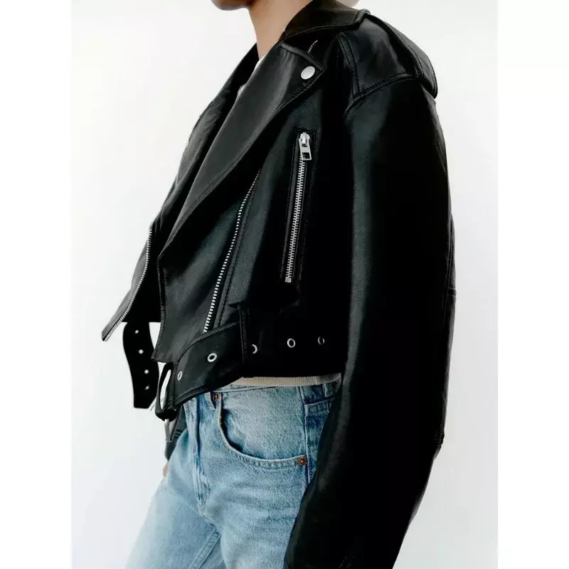Women Vintage Loose Pu Faux Leather Short Jacket with Belt Streetwear Female Zipper Retro Moto Biker Coat Outwear Tops