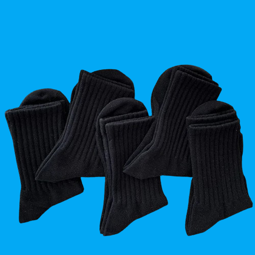 Kaus kaki hangat hitam putih pria, 5 pasang kaus kaki olahraga warna polos adem musim gugur musim dingin pria