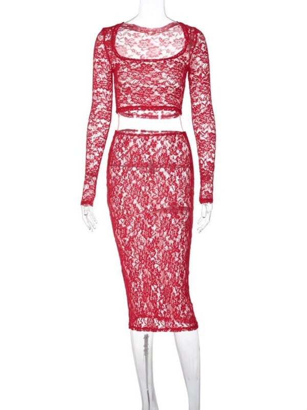 Set pakaian renda merah dua potong wanita pakaian Bodycon Crop Top tembus pandang Conjuntos De Falda set rok denim lengan panjang
