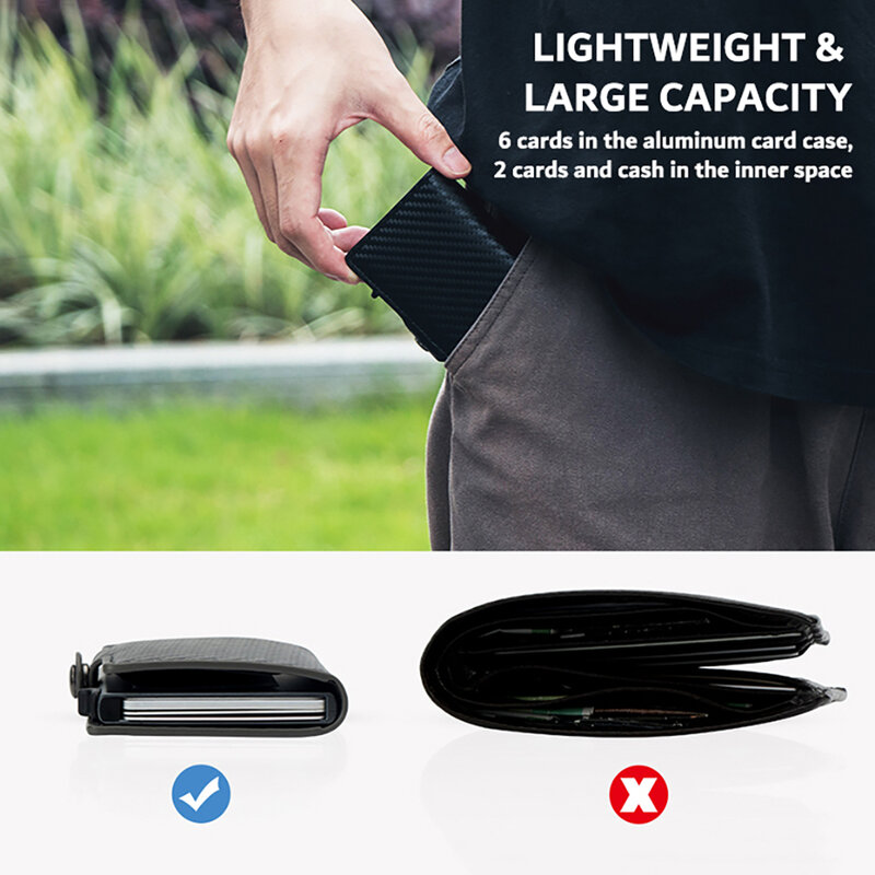 CASEKEY-Protector de fibra de carbono para Hombre, Tarjetero de cuero RFID, caja única, billetera inteligente, delgada, Pop-Up
