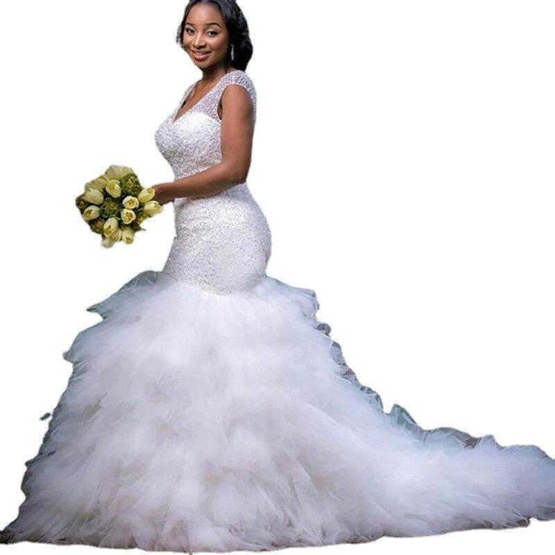 Bride's Wedding Dress V-neck Beaded Mermaid Gowns White Ruffle Edge Mesh Tail Wedding Elegant Bridal Dresses Robe De Mariée