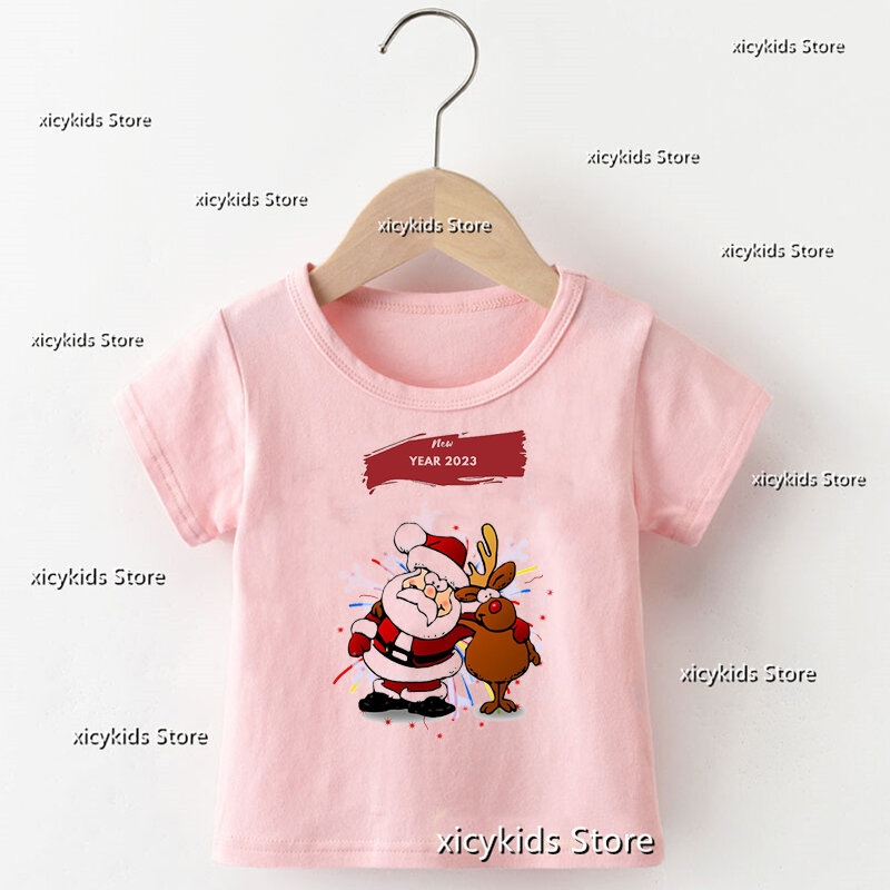 Happy New Year 2023 Boys/Girls Tshirt Merry Christmas Decorated Deer Graphics Printed Children Tshirt Girls Christmas Clothes