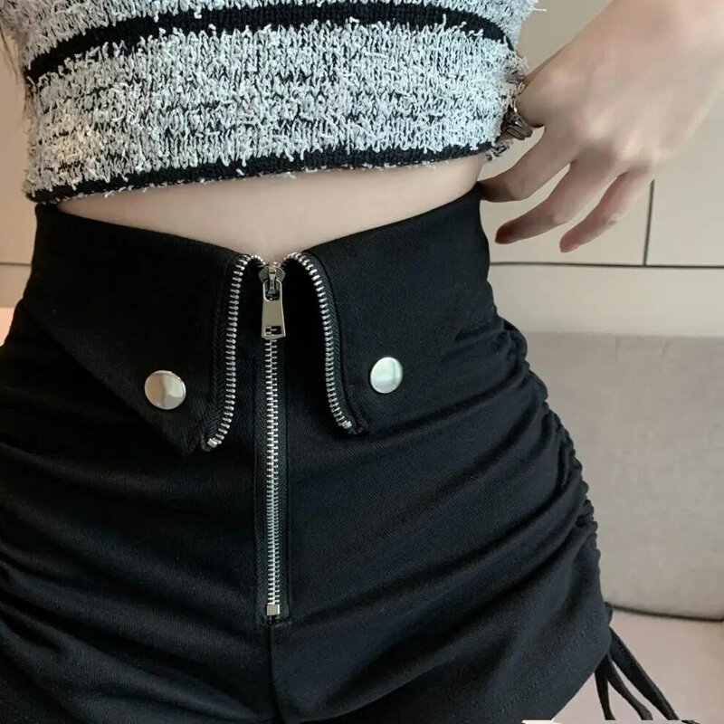 Shorts largos de cintura alta para mulheres, shorts vintage, design coreano, streetwear casual, sexy e chique, monocromático, quente e vintage, 2023