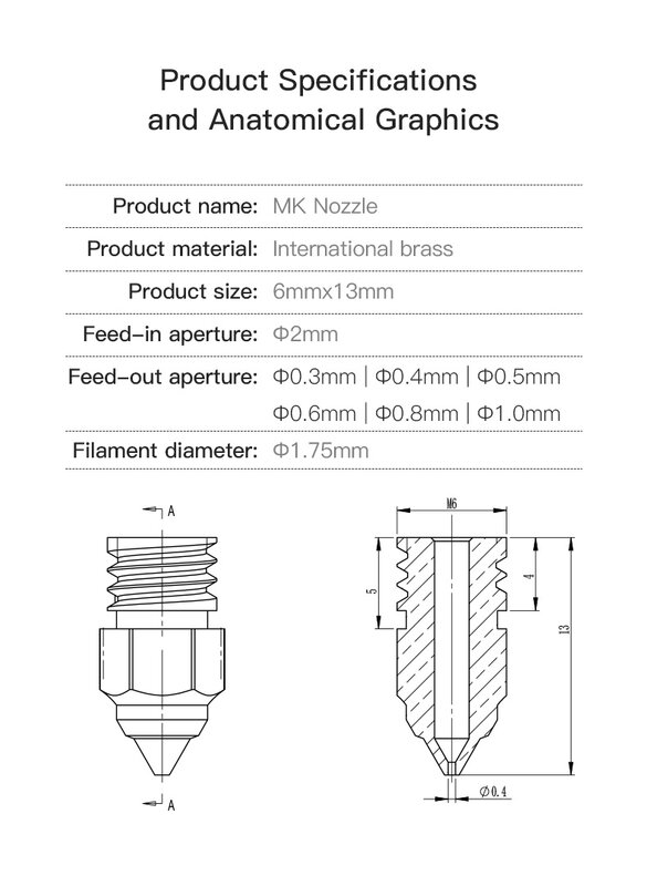 Creality-Hotend Extrusora Bicos de Latão para CR-6 SE, Ender-3 Series, Ender 5 Series Printer, 0,2mm, 0,4mm, 0,6mm, 0,8mm, 1,0mm, 5Pcs, Set