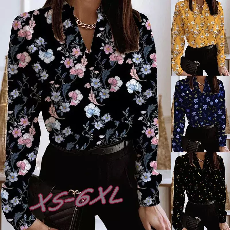 Camiseta de manga comprida sexy com decote em v, camisa estampada flor, camisa casual, pulôver elegante, top solto, primavera, moda outono