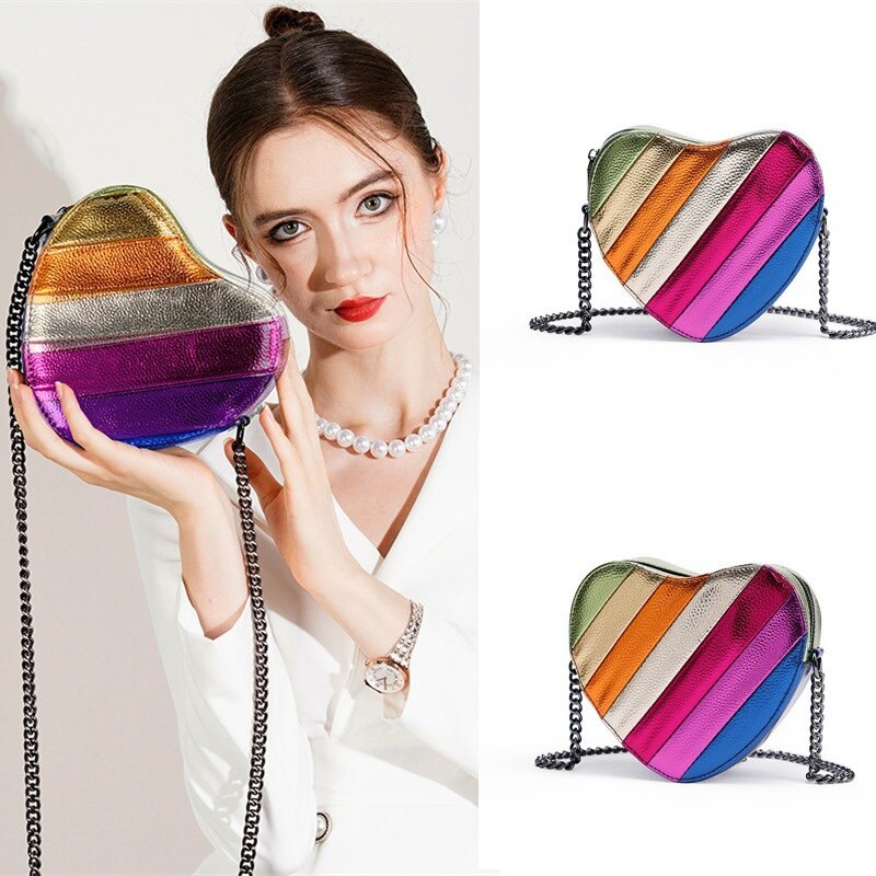 2024 Ladies Metal Shoulder Strap Crossbody Bag Eagle Head Pattern Design Rainbow Bag Women Handbag Colorful Heart Shaped Bag