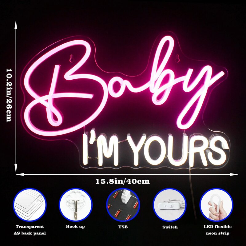 Baby Im Yours Neon Sign Luzes LED, Decoração de quarto estética para casa, quarto, casamento, casamento, lâmpada de parede pendurada
