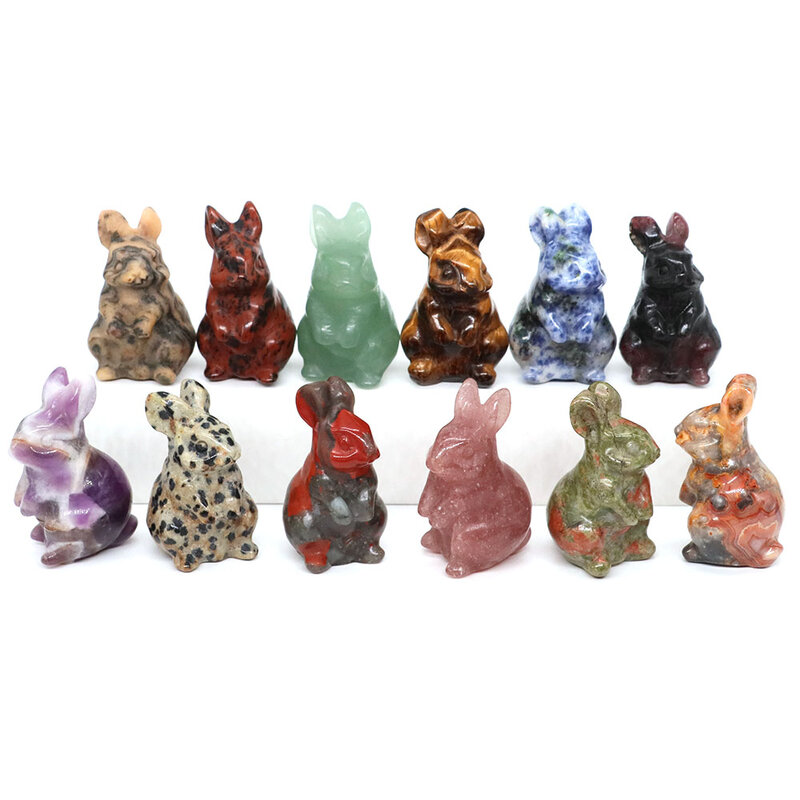 1.5" Rabbit Statue Natural Gemstone Crystal Hand Carving Bunny Healing Energy Stone Animal Figurine Crafts Home Decoration Gift