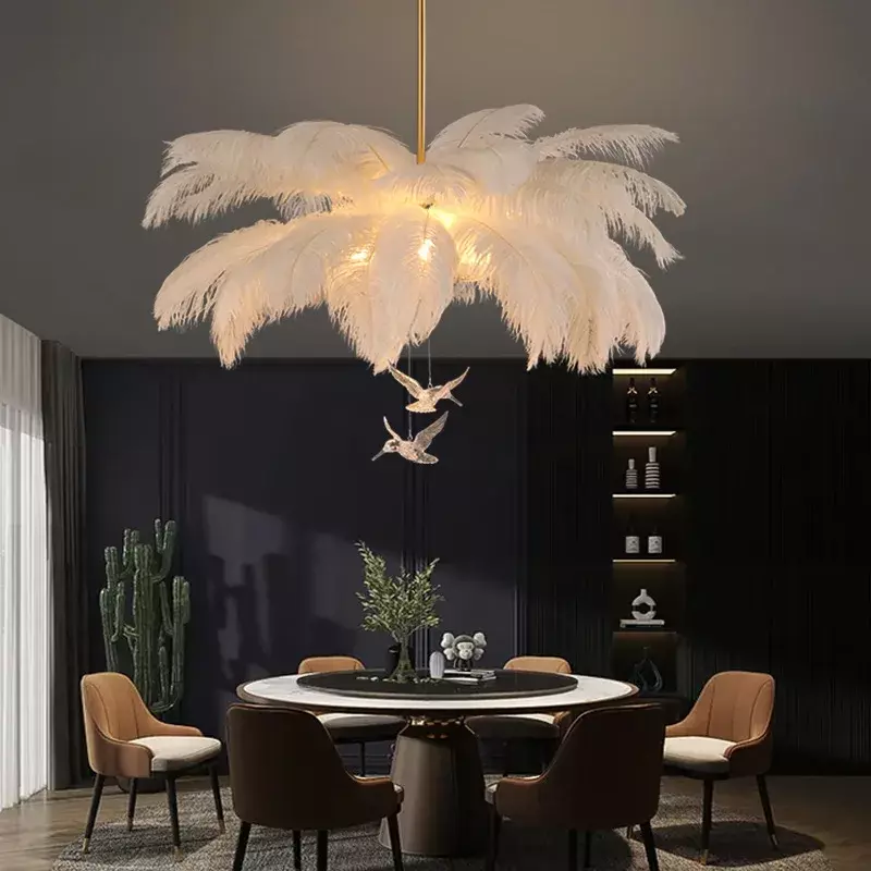 โคมไฟระย้าขนนกขนนกขนนกสีสันสดใสโคมระย้าติดเพดาน LED ห้องรับแขกห้องนอนสำหรับแต่งตัวโคมไฟแขวนเพดาน