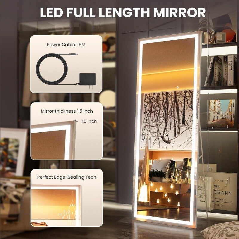 Espejo LED de longitud completa con luces, espejo de piso iluminado con Marco, regulable y 3 modos de Color, espejo de tocador de cuerpo completo, 67x24 pulgadas