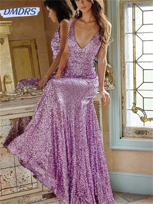 Gaun V-neck seksi 2024 gaun malam berpayet mewah gaun panjang lantai model A-Line putri duyung elegan Vestidos De Novia