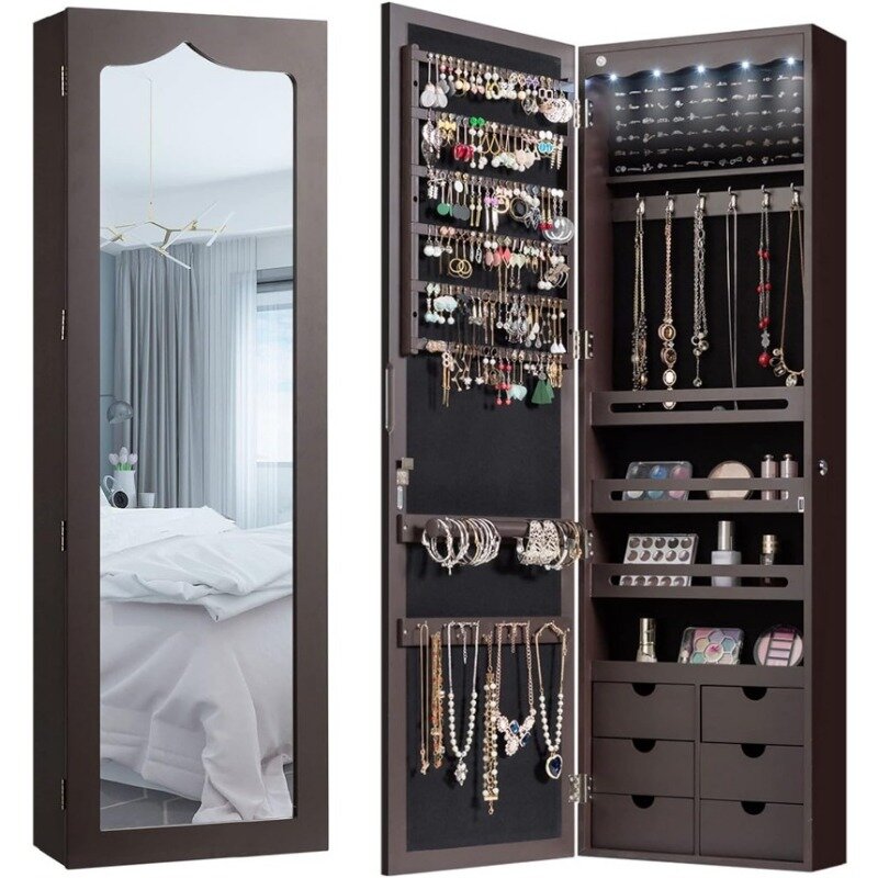 5 LEDs Mirror Jewelry Armoire Wall Mounted Door Hanging, Lockable Jewelry Cabinet with Full Length Mirror, 6 Storage Drawers