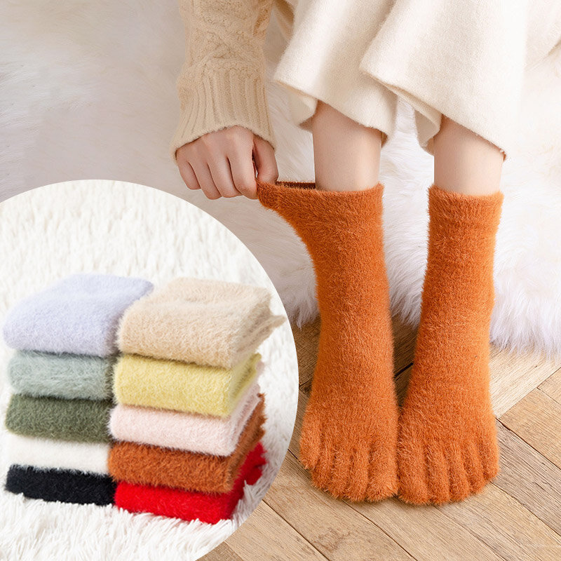 Vrouwen Meisjes Dikke Vijf Vinger Sokken Winter Warm Kleurrijke Koraal Fleece Pluizige Neus Sokken Zachte Gezellige Kousen Vrouwelijke Vloer Slippers