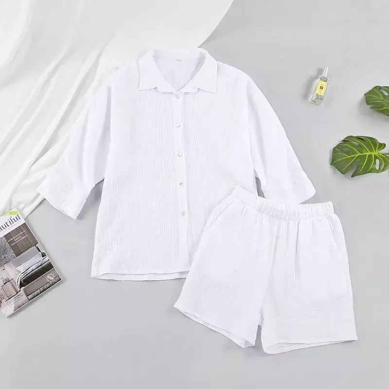 Женская домашняя одежда, рубашка в полоску с длинным рукавом и свободные Мини-шорты с высокой талией, комплект из двух предметов, 100% хлопок