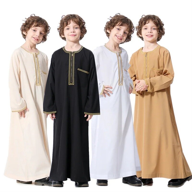 Children Robe w/ Long Sleeves Teenager Muslim Clothing Boys Kaftan Islamic Middle East Arab Jubba Thobe for Four Seasons