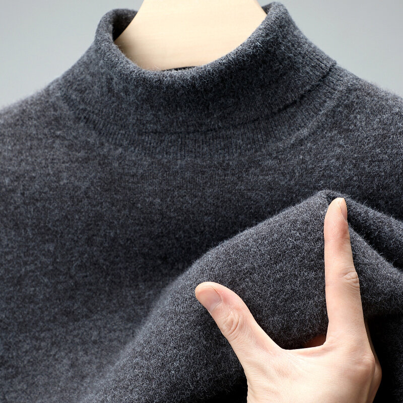 Зимний плотный свитер, Мужская однотонная простая трикотажная одежда с лацканами, рубашка с высоким воротником, универсальный джемпер